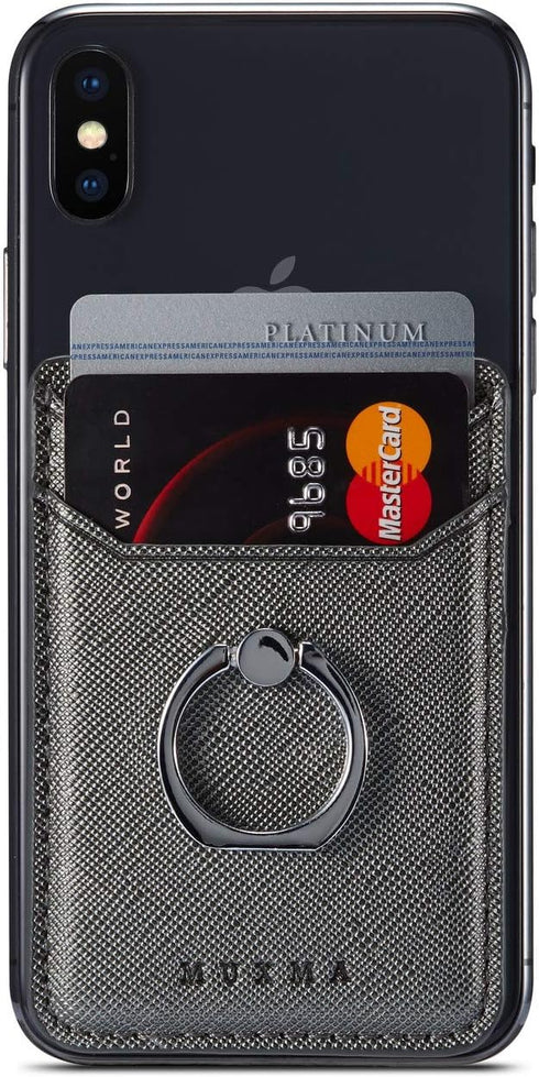 Phone Card Holder with Ring Grip for Back of Phone,Adhesive Stick-on Credit Card Wallet Pocket for iPhone,Android and Smartphones Gun Metal...