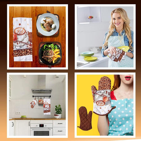 Lobyn Value Packs: 5-Piece Café Latte Kitchen Towel Set – Quilted Oven Mitt & 2 Potholders, Perfect for Coffee Lovers...