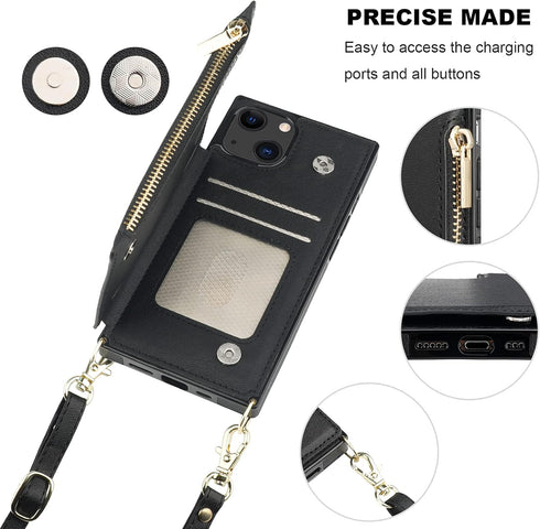 Bocasal Crossbody Wallet Case for iPhone 13 with RFID Blocking Card Slot Holder, Magnetic Flip Folio Purse Case, PU Leather Zipper Handbag with De...