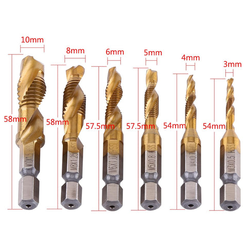6pcs HSS Tap Drill Bit Set, 2 in 1 Speed Steel Metric Thread, M3 M4 M5 M6 M8 M10 Coated HSS Drill and Tap Bits,HSS Metric Hex Shank Screw Taps Too...