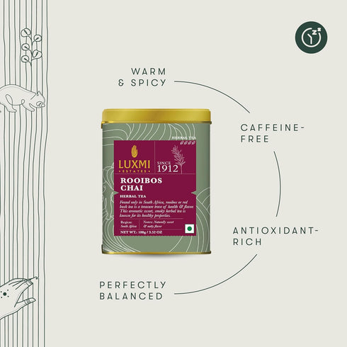 Luxmi Estates - Rooibos Chai - Organic Rooibos Tea with Spices - Loose Leaf - 100g (50 Cups) | with Cinnamon, Cardamom and Clove | Perfect for Mom...
