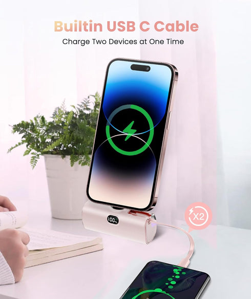 Small Battery Charger for iPhone 15/14 Pro Max Built-in USB C Cable Battery Pack Digital Display Charger for iPhone 13/12/13 Pro Max/11/12 Pro Max...