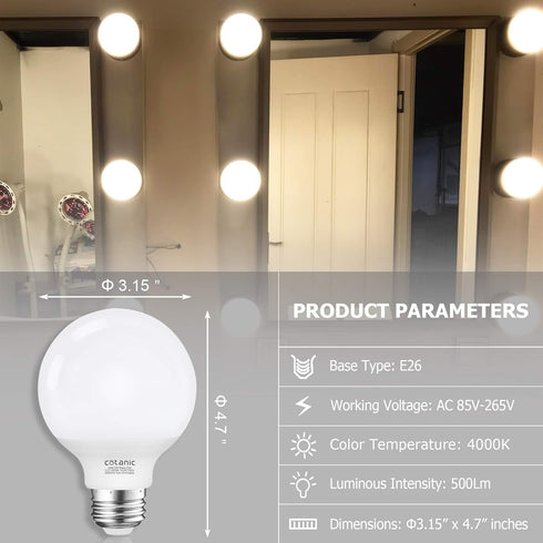 Cotanic G25 LED Globe Light Bulbs, 5W Vanity Light Bulb (60W Equivalent),Daylight 4000K,Non-dimmable Makeup Mirror Lights for Bedroom,Led Bathroom...