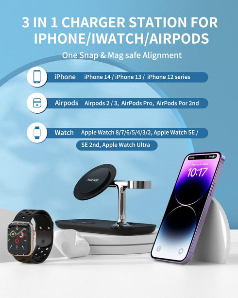 3 in 1 Wireless Charger for MagSafe, MAKAQI Magnetic Wireless Charging Station for iPhone 15/14/13/12,Apple Watch, AirPods 3/2/Pro?Cable and Wall ...