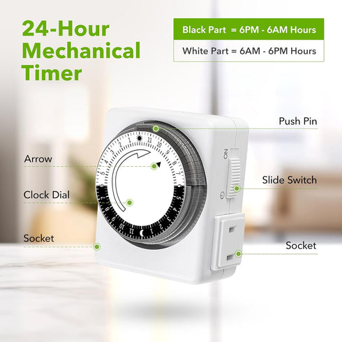 HBN Indoor Timers for Electrical Outlets,24 Hour Mechanical Outlet Timer,Dual Outlets,15 Minute Intervals,2 Polarized Outlets,Heavy Duty Daily On/...