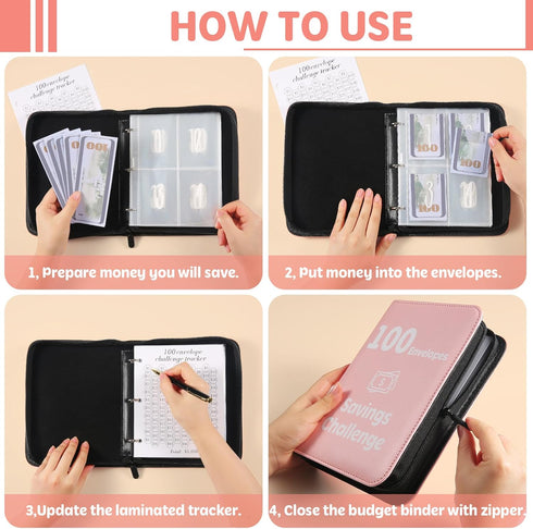 100 Envelopes Money Saving Challenge Binder with Laminated Tracker, Money Saving Challenge Budget Binder with Cash Envelopes, Savings Challenge Bo...