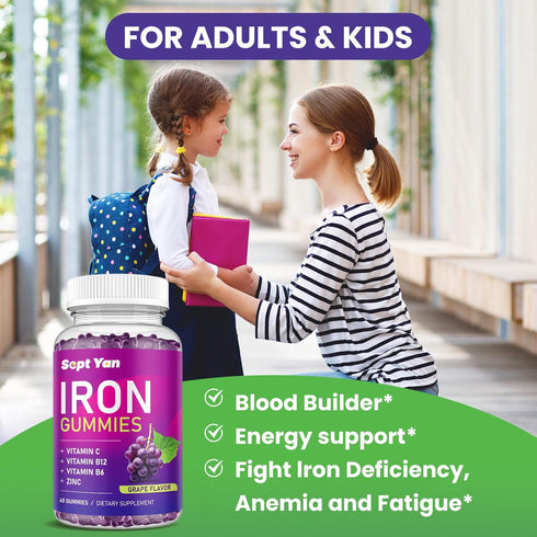 Iron Gummies for Women & Kids - with Vitamin C, B12, B6, Zinc - Blood Builder & Energy - Iron Supplement Gummies Support for Iron Deficiency, Anem...