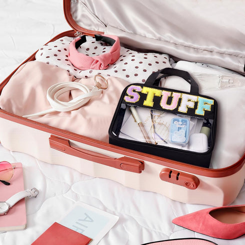 Chenille Letter Clear Makeup Bag, Preppy Cosmetic Bag Clear Snack Bags with Zipper, Stuff Bag Waterproof Sunscreen Bag Travel Toiletry Bag Cosmeti...