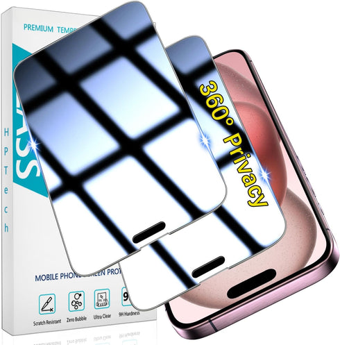 HPTech (2 Pack) 4 Way 360° Privacy Screen Protector Designed for iPhone 15 Anti-Spy Tempered Glass, Full Coverage, Anti Scratch, Bubble Free, Case...