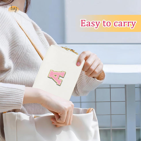 Personalized Initial Letter Makeup Bag,Preppy Patch Makeup Bag,PU Waterproof Travel Toiletry Bag,Chenille Letter Cosmetic Bag,Toiletry Zipper Pouc...