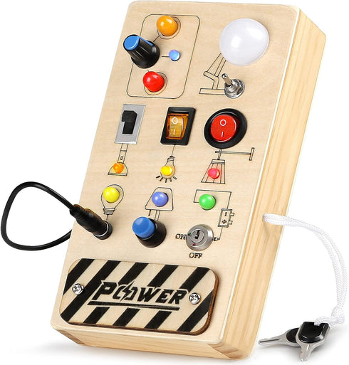 Joyreal Montessori Busy Board Toy for Toddlers, LED Wooden Sensory Board with 8 Switch Light Designs, Early Activity Motor Skills Educational Toys...