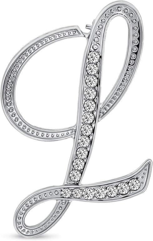 Large Statement ABC Pave Crystal Cursive Script Monogram Letters Alphabet Initial Scarf Lapel Pin Brooch For Teen Women Rose, Yellow Gold Silver P...