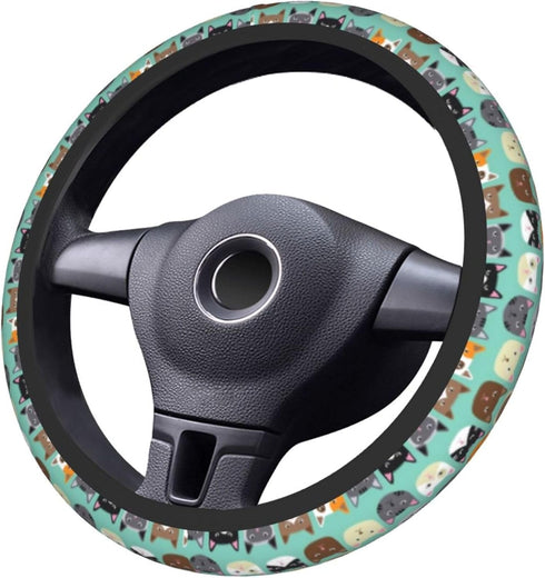 Steering Wheel Cover for Women Men Colorful Cats Kitten Kitty Green Neoprene Steering Wheel Protector Universal Fit Most Car Sedans SUVs - 15 Inch...
