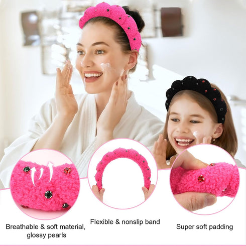 Wecoe 2pcs Rhinestone Skincare Headbands For Washing Face Hot Pink Black Fluffy Spa Headbands Makeup Headband Face Wash Puffy Sponge Bubble Headba...