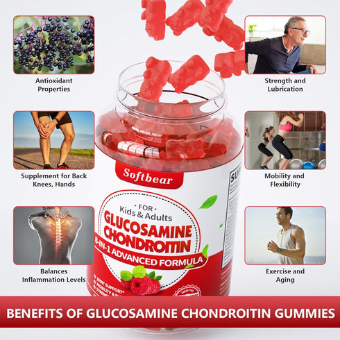Glucosamine Chondroitin Gummies Sugar Free, Extra Strength Glucosamine Chondroitin Supplement for Natural Joint Support, Raspberry Flavored 120 Co...