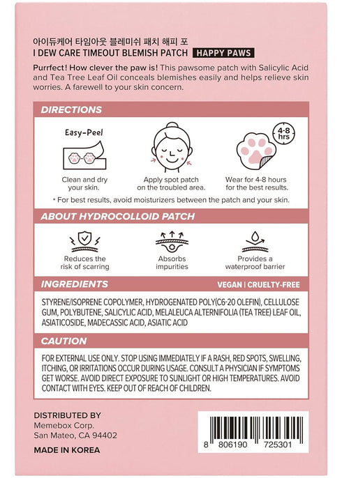 I DEW CARE Hydrocolloid Acne Pimple Patch - Timeout Blemish Happy Paws | Korean Skincare, Zit, Dark Spot Patches for Face, Pus absorbing with Tea ...