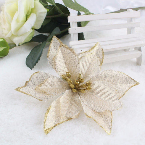 12pcs Glitter Poinsettia Christmas Tree Ornament Artificial Wedding Christmas Flowers Xmas Tree Wreaths Decor Ornament, 5.5inch, Red and Gold for ...