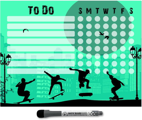 Kid’s Dry Erase Whiteboard Chore Chart | Removable and Restickable Adhesive Decal | Fine-Tip Magnetic Marker Included | 9” x 12" (Skateboard)...