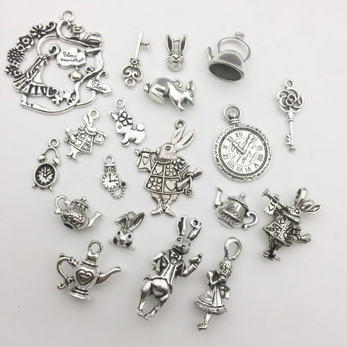 iloveDIYbeads 40pcs Antique Silver Alice in Wonderland Fairy Tales Tea Party Steampunk Victorian Charms for Jewelry Making (M077)...