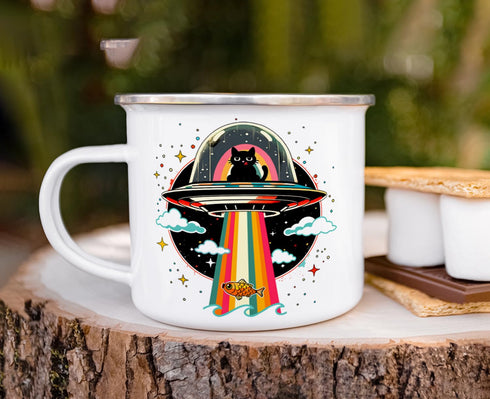Retro UFO Cat Fish Abduction Extraterrestrial Paranormal Enamel Campfire Mug, Fun Outdoor Camping Coffee Cup (16oz)...