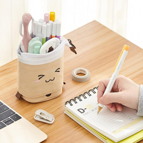 ANGOOBABY Cute Pencil Case Standing Pen Holder Telescopic Makeup Pouch Pop Up Cosmetics Bag with Kawaii Smile Face Stationery case Office Organize...