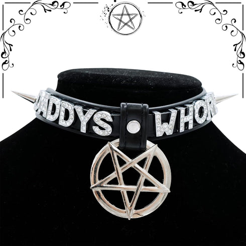 Black Pentagram Choker Collar For Women, Punk Gothic Vagen Leather Collar With Name Letters Adjustable Spiked Necklace...