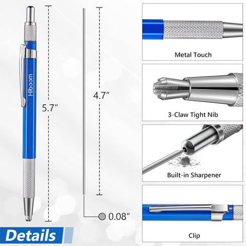 Hiboom Welders Pencil with 12 Pcs Silver Round Refills, Mechanical Pencils Metal Marker with Built-in Sharpener for Pipe Fitter Welder Steel Const...