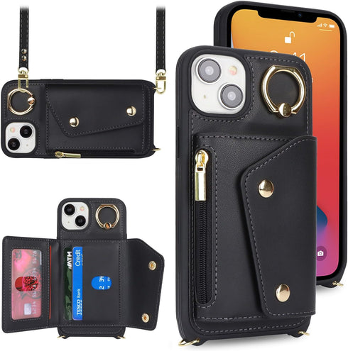 for iPhone 13 Case with Card Holder and Strap - Zipper Pocket,Crossbody Lanyard Strap,Credit Card Holder,Stand Ring,Cute Phone Wallet Case for Wom...