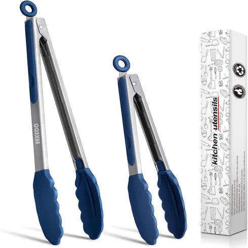 Kitchen Tongs, Stainless Steel Silicone Tongs for Cooking 600ºF High Heat-Resistant BBQ Grilling Locking Tongs, Set of 2-9" and 12" Classic Blue...