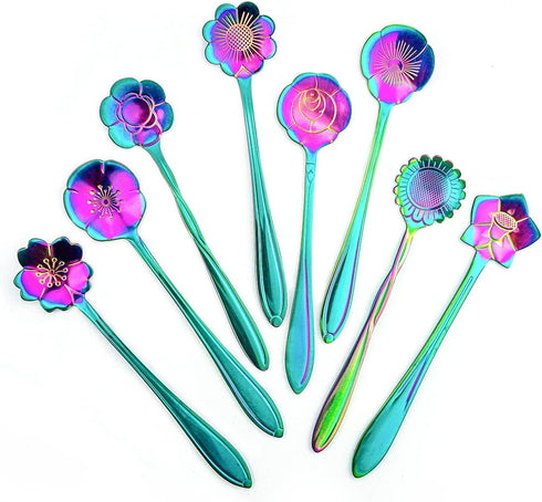 8 Pieces Rainbow Flower Spoon Coffee Teaspoon Set, LEEFONE Stainless Steel Reusable Tea Spoon Sugar Spoon Ice Tea Spoon Stirring Spoon Dessert Cak...