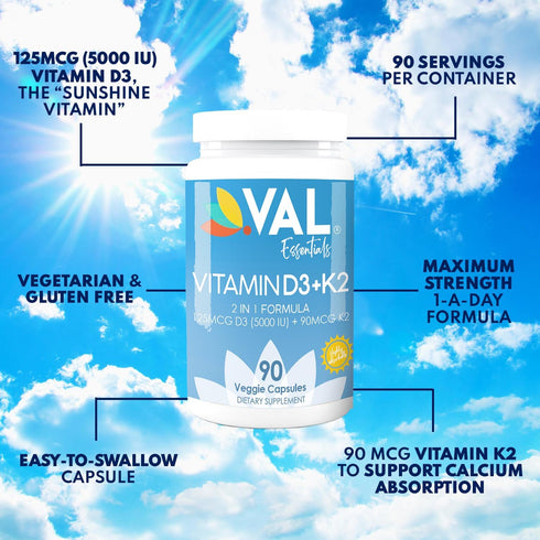 VAL Essentials Vitamin K2 + D3 Supplement - High Potency 5000 IU D3 & 90 mcg K2 MK-7, Non-GMO, Easy to Swallow Vitamin D & K Complex, 90 Vegetaria...