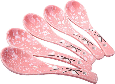 Japanese Soup Spoons Set of 5, Pink Ceramic Spoon for Soup, Ramen, Pho, Gravy, Cake, Oatmeal, Chaos, Dumplings,Salad...