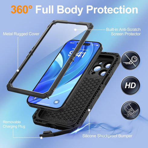 Mitywah Waterproof Case for iPhone 15 Pro Max, Heavy Duty Shockproof Case with Built-in Screen Protector, Full Body Underwater Protective Metal Ca...