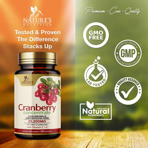 Cranberry Concentrate Extract Supplement for Women & Men + Vitamin C & E - 25,200mg Formula for Urinary Tract Health Support, Non-GMO and Gluten F...