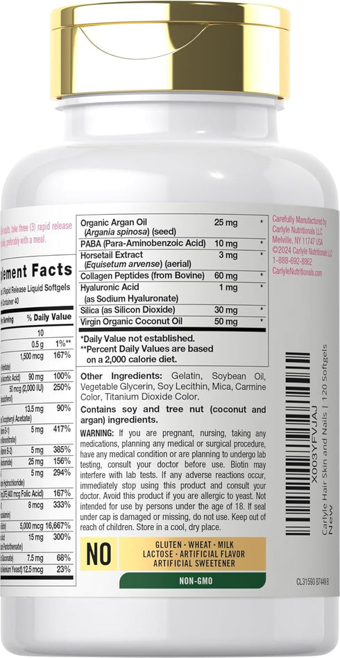 Carlyle Hair Skin and Nails Vitamin | 120 Softgels | Beauty Formula Supplement | with Biotin and Collagen | Non-GMO, Gluten Free...