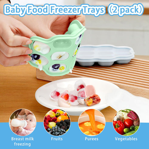Silicone Baby Fruit Food Feeder, 2 Pack Freezer Tray with lid for Batch Prep,Introduce New Foods, Breastmilk Popsicle Molds, Silicone Teething Toy...