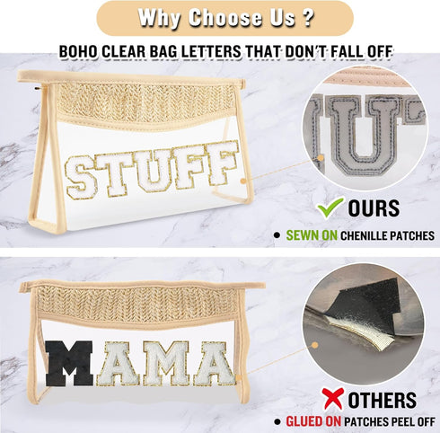 Boho Clear Makeup Letter Patch Makeup Bag STUFF Pouch, Clear Toiletry Bags Travel Small Cute Stadium Chenille Letter Cosmetic Zipper Pouch Purse, ...