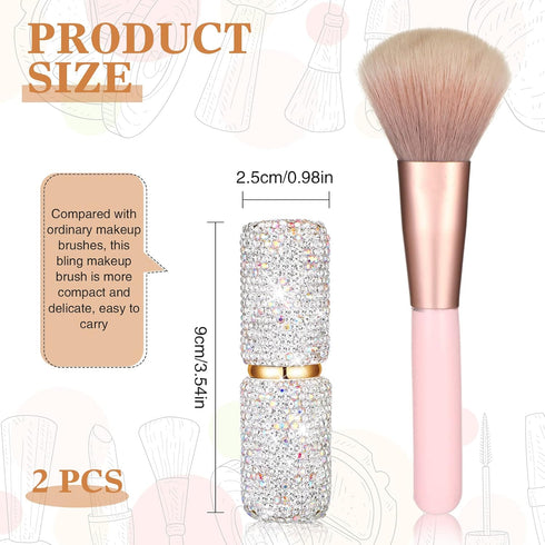 2 Pcs Bling Rhinestone Makeup Brushes Kabuki Brush Retractable Crystal Face Makeup Brushes for Travel Cosmetic Beauty Tool for Foundation Powder B...