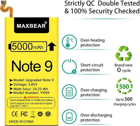 Galaxy Note 9 Battery, (Upgraded) MAXBEAR 5000mAh 3.85V Li-Polymer Replacement Battery EB-BN965ABU for Samsung Galaxy Note 9 N9600 SM-N9600 N960U ...