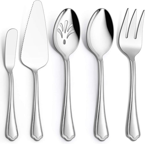 5-Piece Serving Utensils, E-far Stainless Steel Scalloped Edge Hostess Serving Set for Buffet Party Kitchen Restaurant, Mirror Finished & Dishwash...