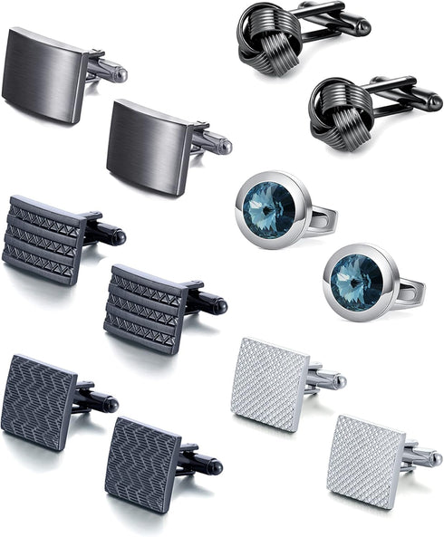 Akeoqi 6 Pairs Cufflinks for Men Classic Tone Cufflinks Black Striped Disc Square CZ Spherical Knot Rectangle Cuff Links Shirt Suit Cufflinks...