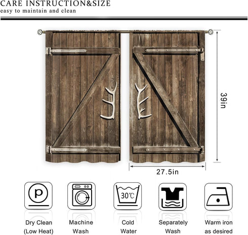 Cinbloo Farmhouse Kitchen Curtains Rod Pocket 27.5W x 39L Inch Brown Barn Door Wooden Rustic Garage Gate Vintage Country Antler Handles Modern Art...