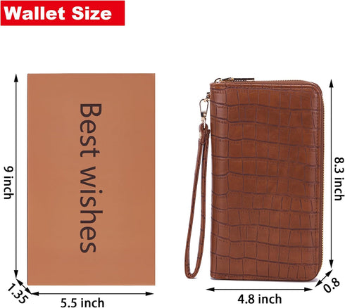 YZAOLL Women's Zip-Around Wristlet Wallet with RFID-Blocking Proteceion Large Capacity PU Leather Cards Holder with Checkbook Passport Slots,Brown...