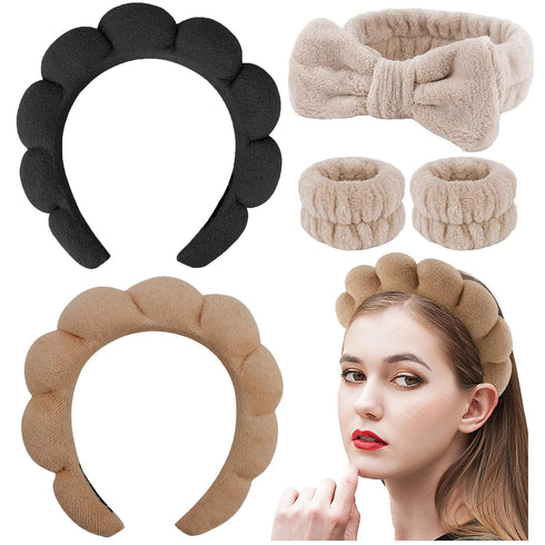 Spa Headband for Washing Face 5Pcs Skincare Headbands Makeup Headband Wrist Bands for Washing Face Makeup Headbands for Women Brown Black Khaki He...
