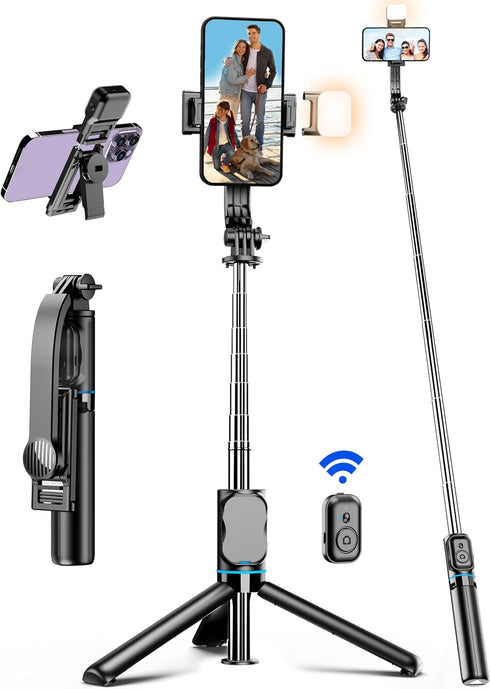 42" Selfie Stick Tripod with Fill Light Extendable Phone Tripod Stand All-in-1 Selfie Stick Travel Tripod with Detachable Remote & Phone Holder Ce...
