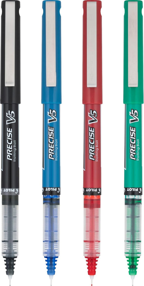 Pilot, Precise V5, Capped Liquid Ink Rolling Ball Pens, Extra Fine Point 0.5 mm, Black/Blue/Red/Green, Pack of 4...