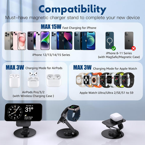 Aukvite for Magsafe Charger Stand 2 in 1, 360° Rotatable Mag Safe Charging Stand for iPhone 15 pro 14 13 12, Magnetic Wireless Charging Station fo...