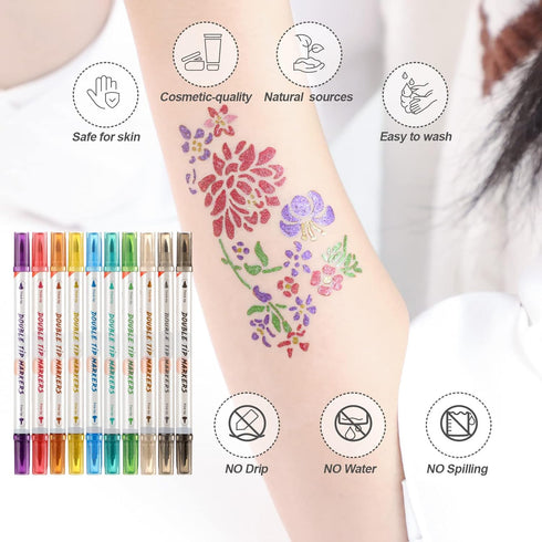 HAWINK Temporary Tattoo Markers for Skin, 10 Body Markers + 56 Large Tattoo Stencils for Kids and Adults, Dual-End Tattoo Pens Make Bold and Fine ...