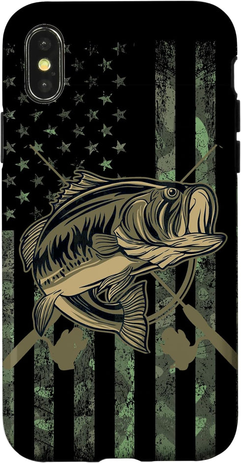 Camo American Flag Bass Fishing Gift Love Fishing Fisherman Case for iPhone X/XS...