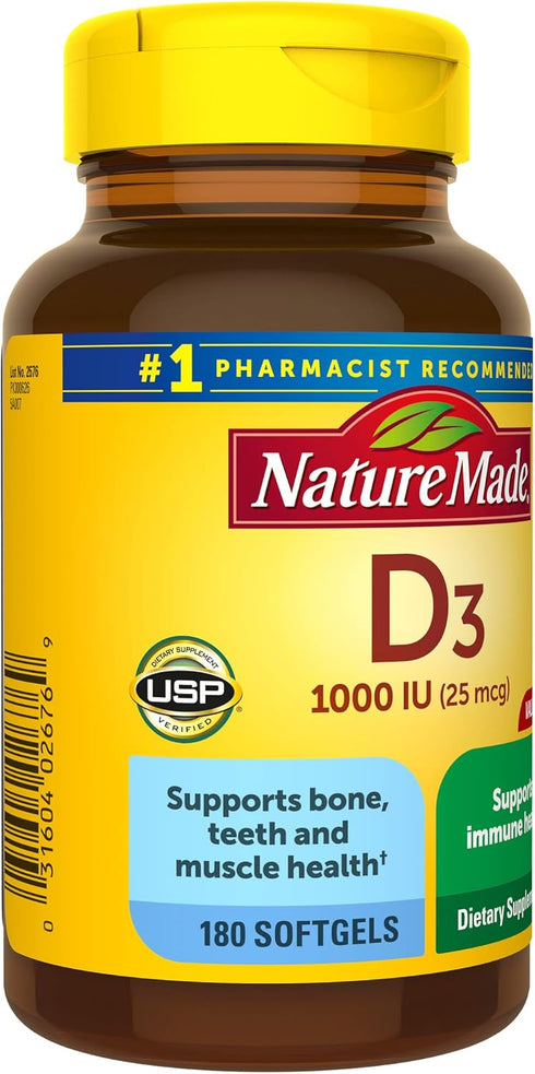 Nature Made Vitamin D3 1000 IU (25 mcg), Dietary Supplement for Bone, Teeth, Muscle and Immune Health Support, 180 Softgels, 180 Day Supply...